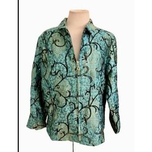 Y2k Grannycore Vintage  Bleu Bayou Jacket Green Embroidered Size XL